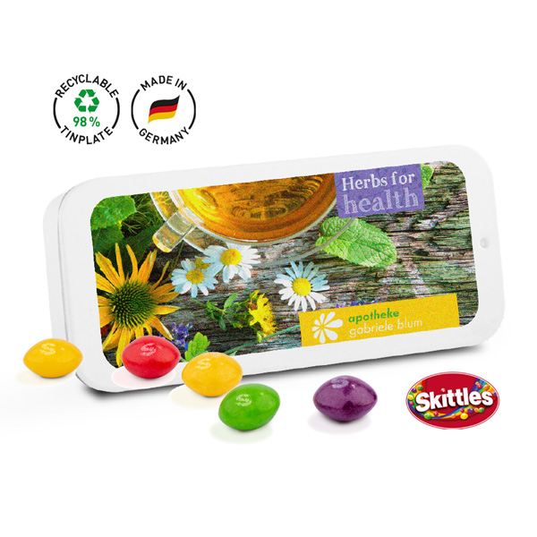 Schiebedeckeldose mit Skittles Kaubonbons, inkl. 4-farbigem Druck