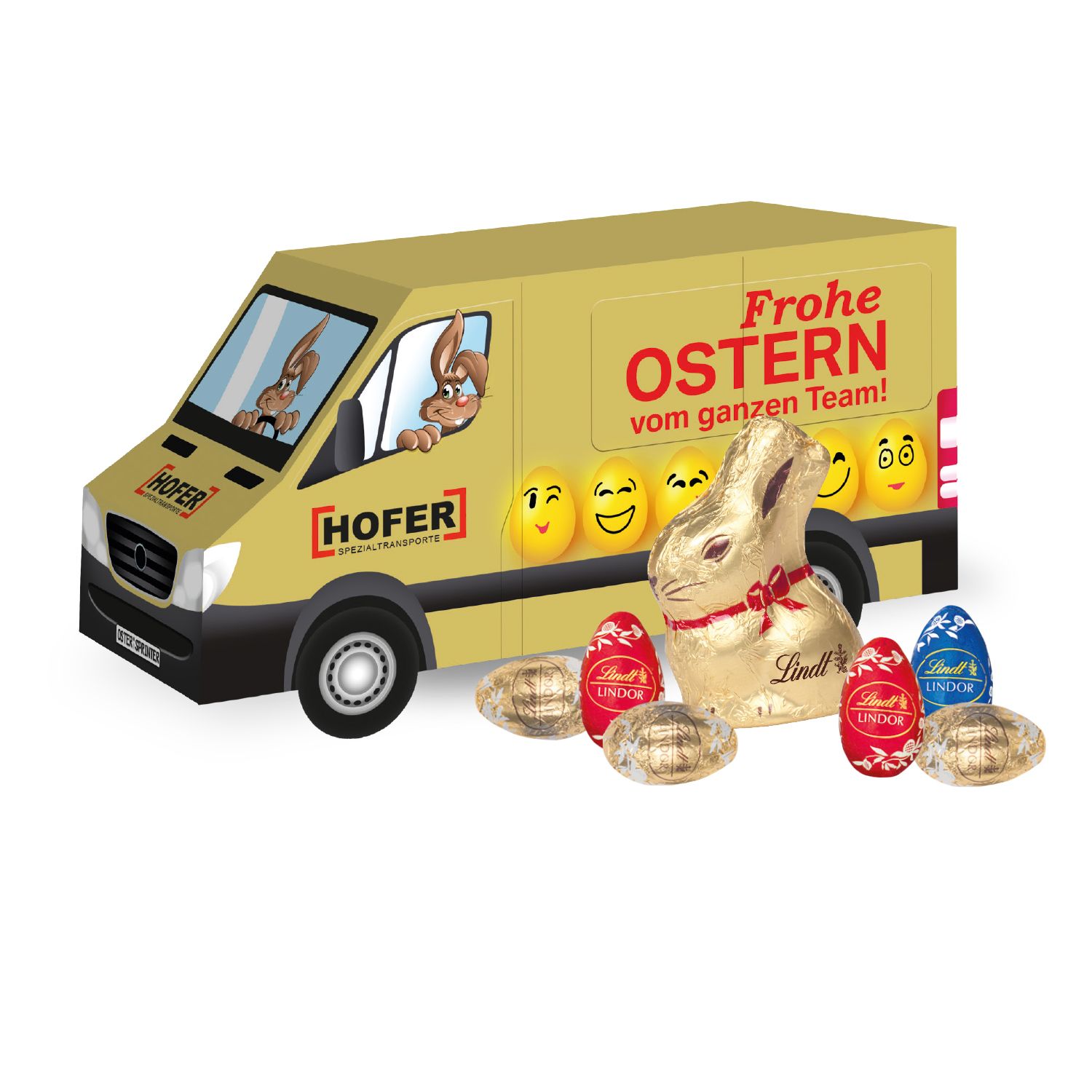 Oster-Transporter Goldhase und Eier von Lindt, inkl. 4-farbigem Druck