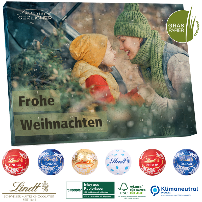 Adventskalender Organic aus Graspapier Lindt Schokolade Gourmet Edition, inkl. 4-farbigem Druck
