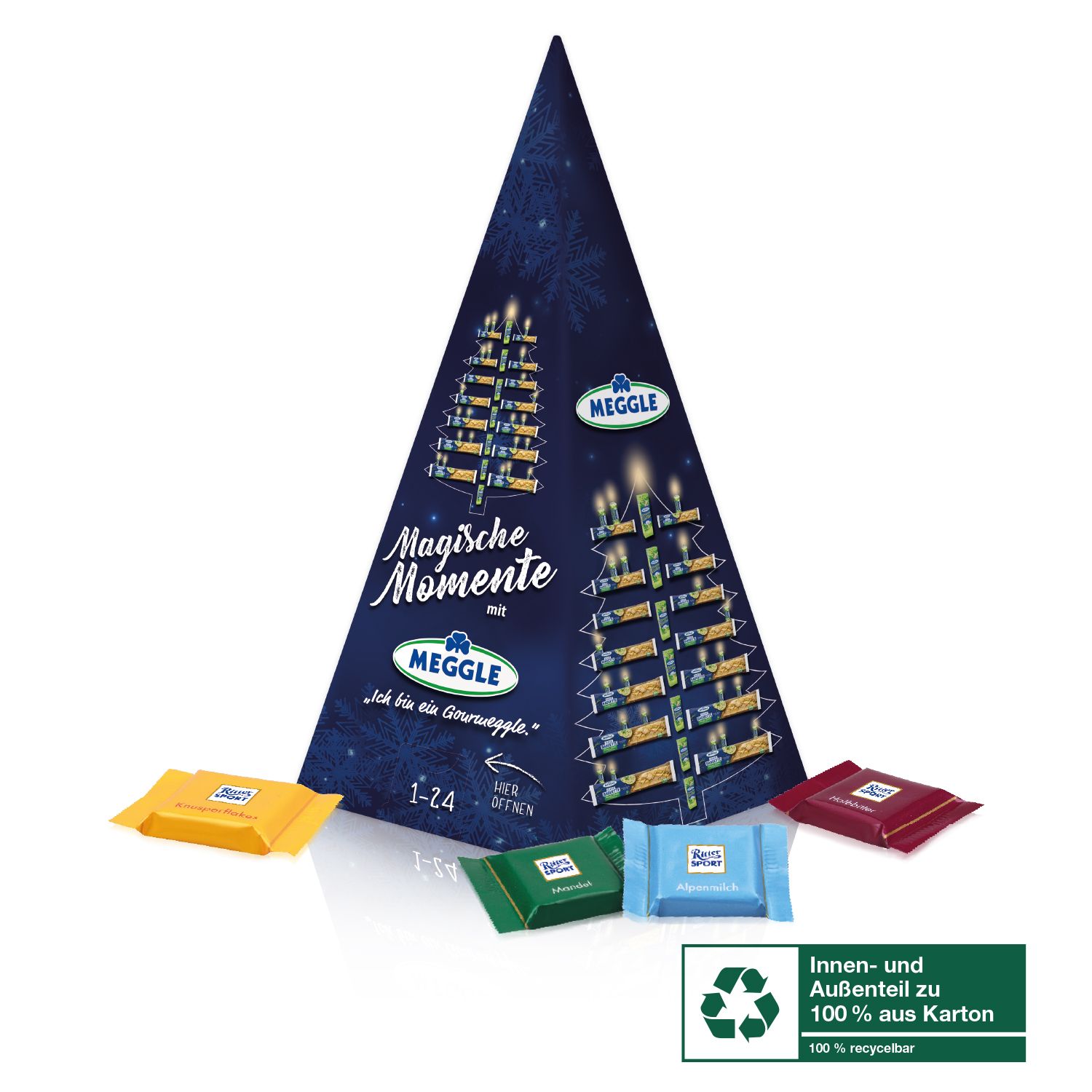 Adventskalender Pyramide 100 % Karton mit Ritter SPORT (Klimaneutral, FSC), inkl. 4-farbigem Druck