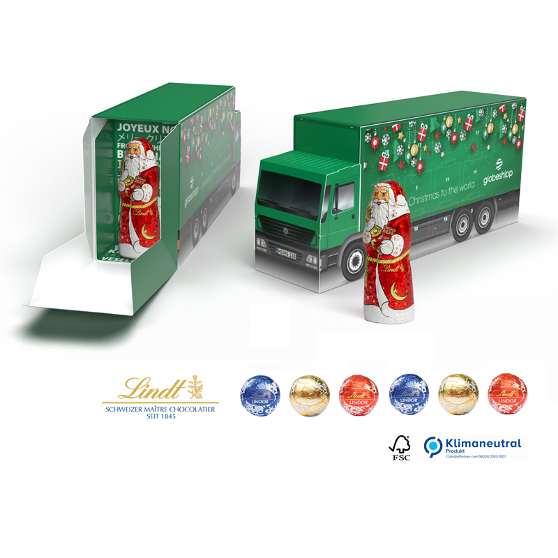 Lindt Adventskalender LKW Eco mit Weihnachtsmann, inkl. 4-farbigem Druck