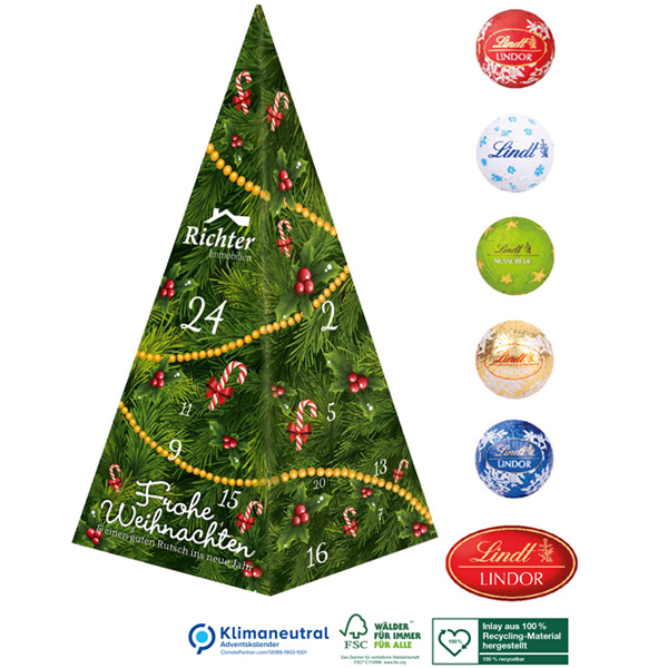 Adventskalender Weihnachtspyramide Lindt Minis (Klimaneutral, FSC), inkl. 4-farbigem Druck
