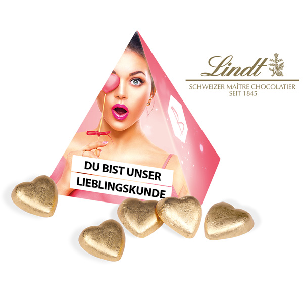 Werbe-Pyramide mit Lindt Schokoladenherzen, inkl. 4-farbigem Druck