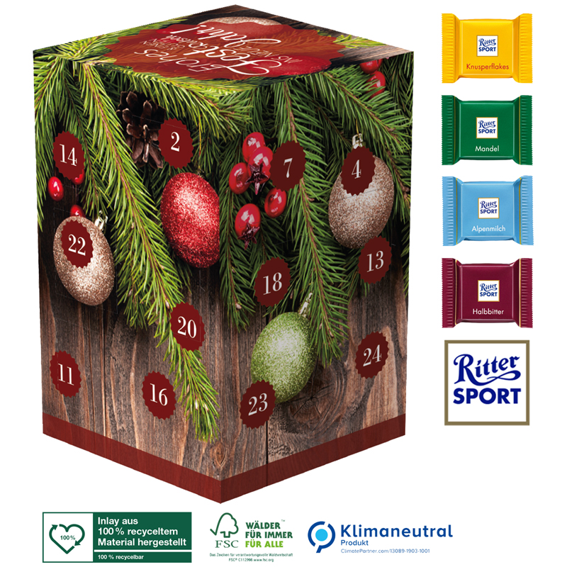 Adventskalender Cube XL Ritter SPORT, inkl. 4-farbigem Druck