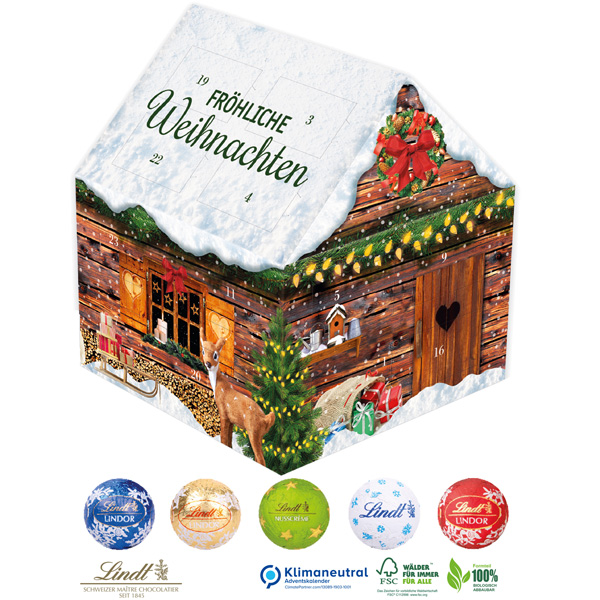 Adventskalender Weihnachtshaus mit Lindt Minis (Klimaneutral, FSC), inkl. 4-farbigem Druck