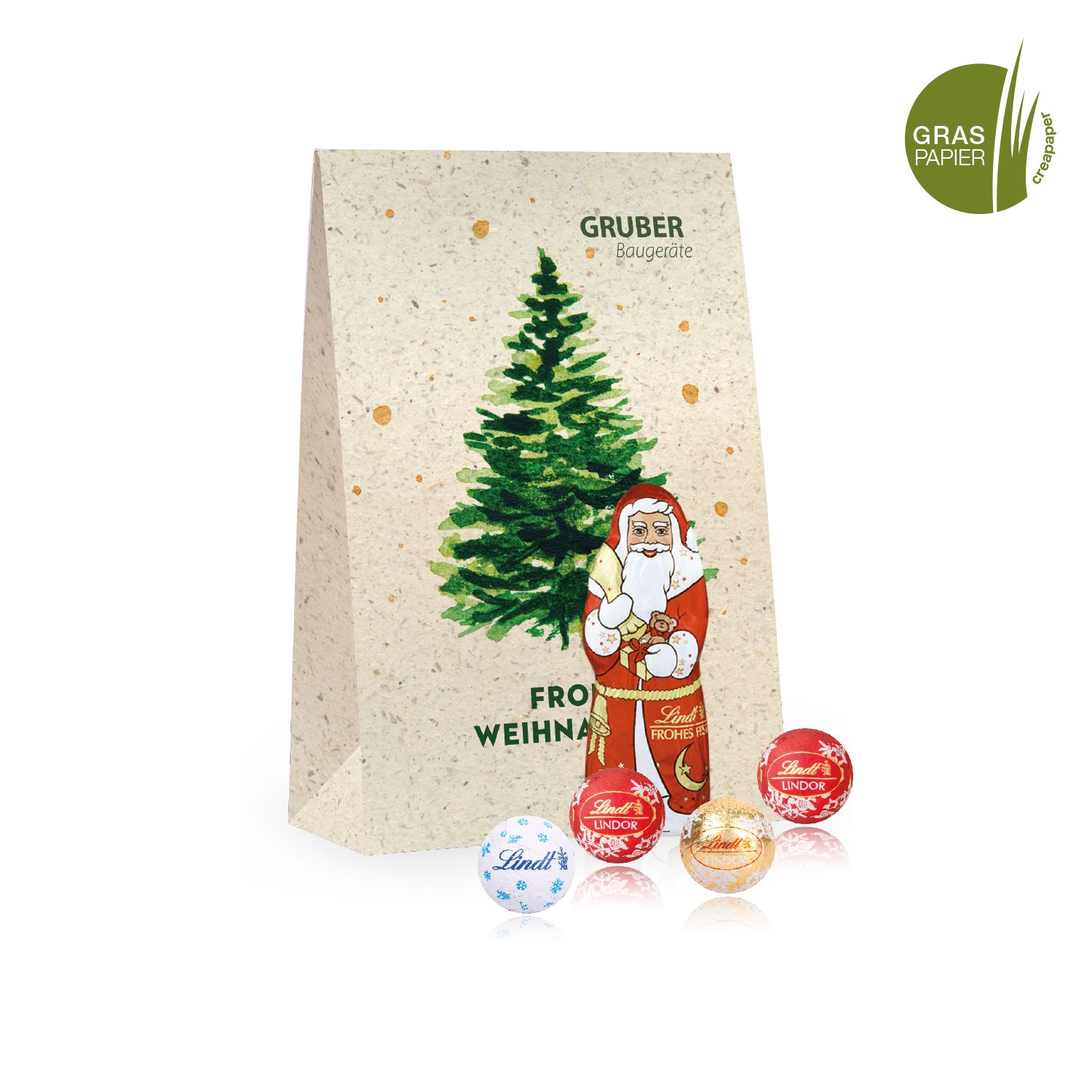 Graspapier Geschenktüte Lindt Santa & Minis, inkl. 4-farbigem Druck