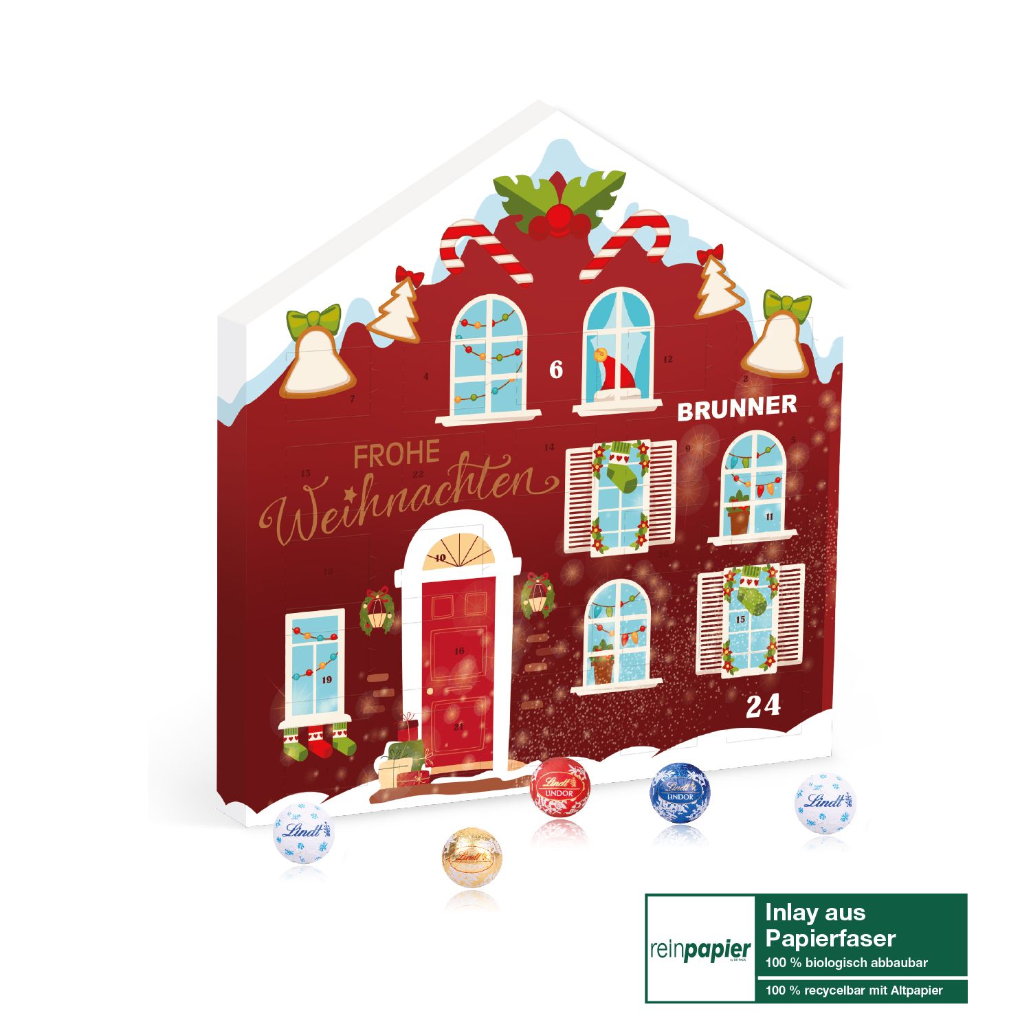 Adventskalender Lindt „Weihnachtshaus“ Organic (Klimaneutral, FSC), inkl. 4-farbigem Druck