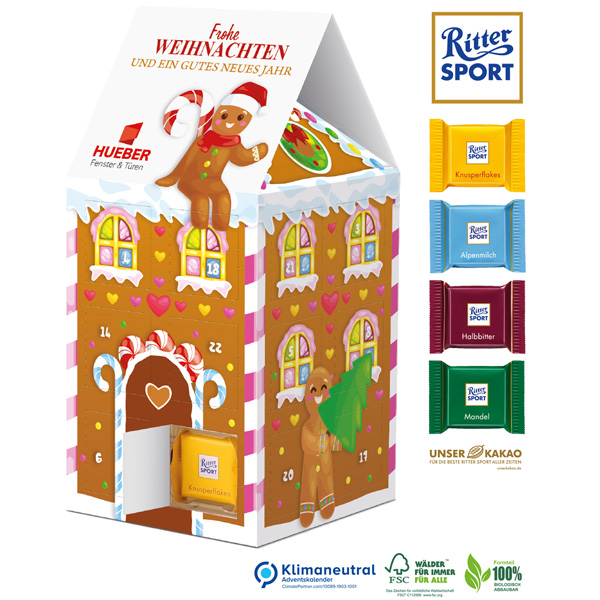 Adventskalender Haus XL mit Ritter SPORT, (Klimaneutral, FSC®) inkl. 4-farbigem Druck