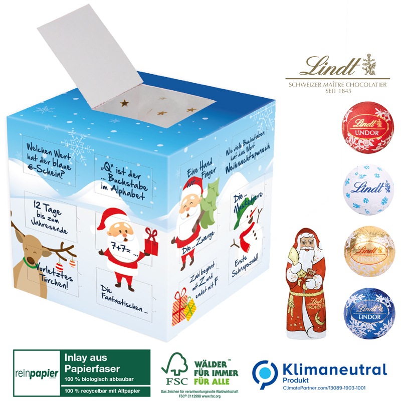 Adventskalender Organic Cube mit Lindt Minis & Weihnachtsmann, inkl. 4-farbigem Druck