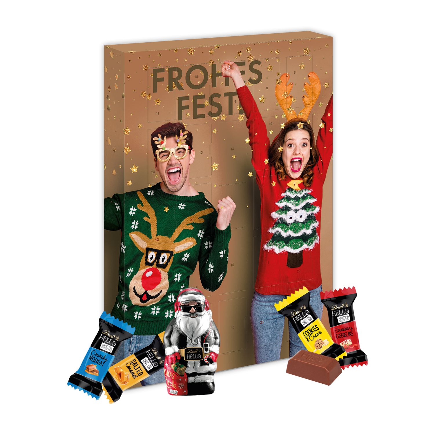 Adventskalender mit Lindt HELLO Mini Stick Mix + Santa (Klimaneutral, FSC®), inkl. 4-farbigem Druck