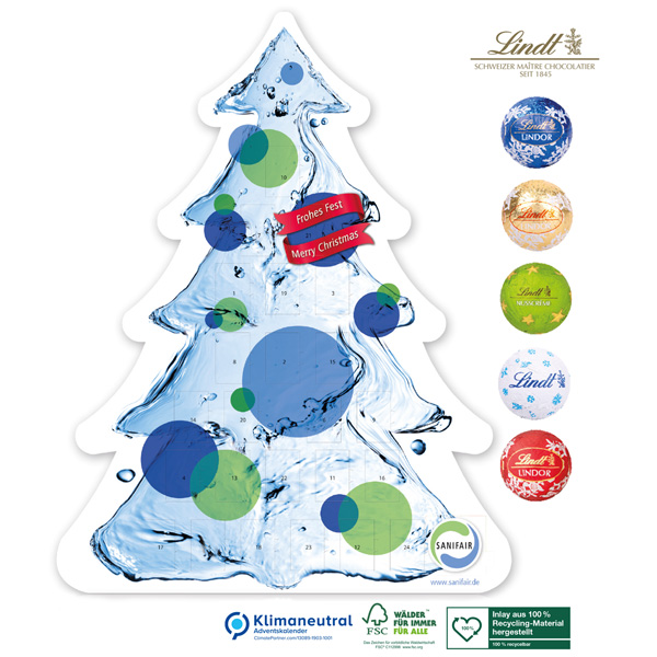 Adventskalender Weihnachtsbaum mit Lindt (Klimaneutral, FSC), inkl. 4-farbigem Druck