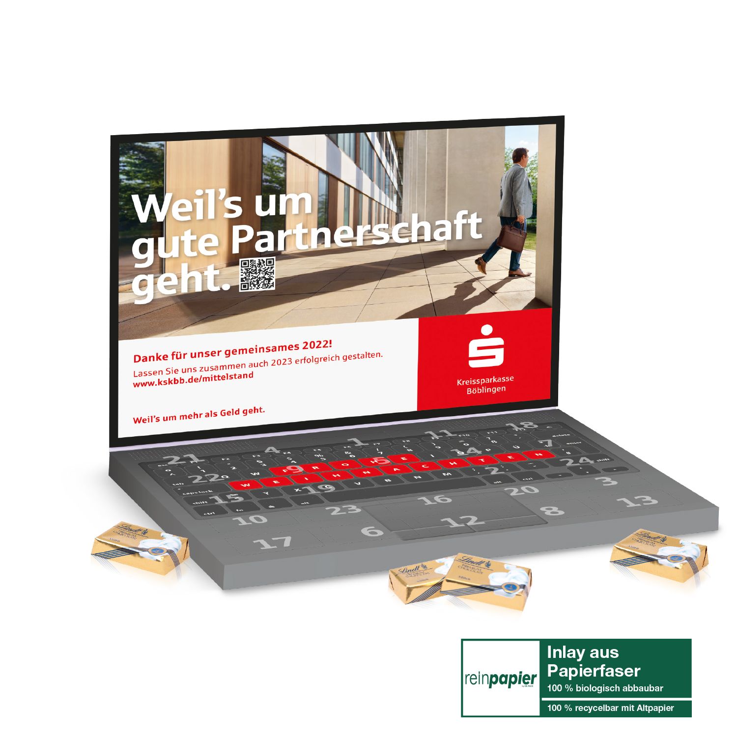 Adventskalender Laptop Organic Lindt Schokotäfelchen (Klimaneutral, FSC®), inkl. 4-farbigem Druck