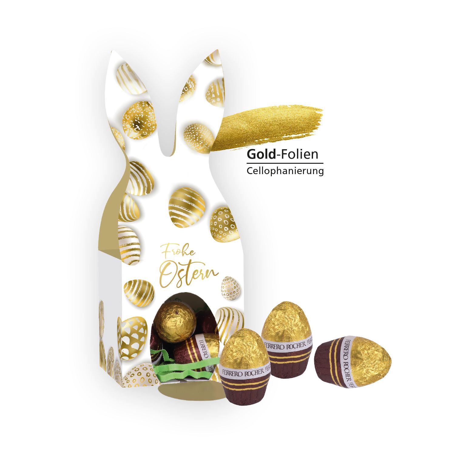 3D Präsent „Häschen“ mit Ferrero Rocher Ostereier, inkl. 4-farbigem Druck