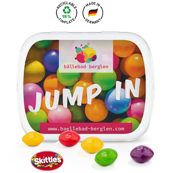 Klappdose mit Skittles Kaubonbons, inkl. 4-farbigem Druck