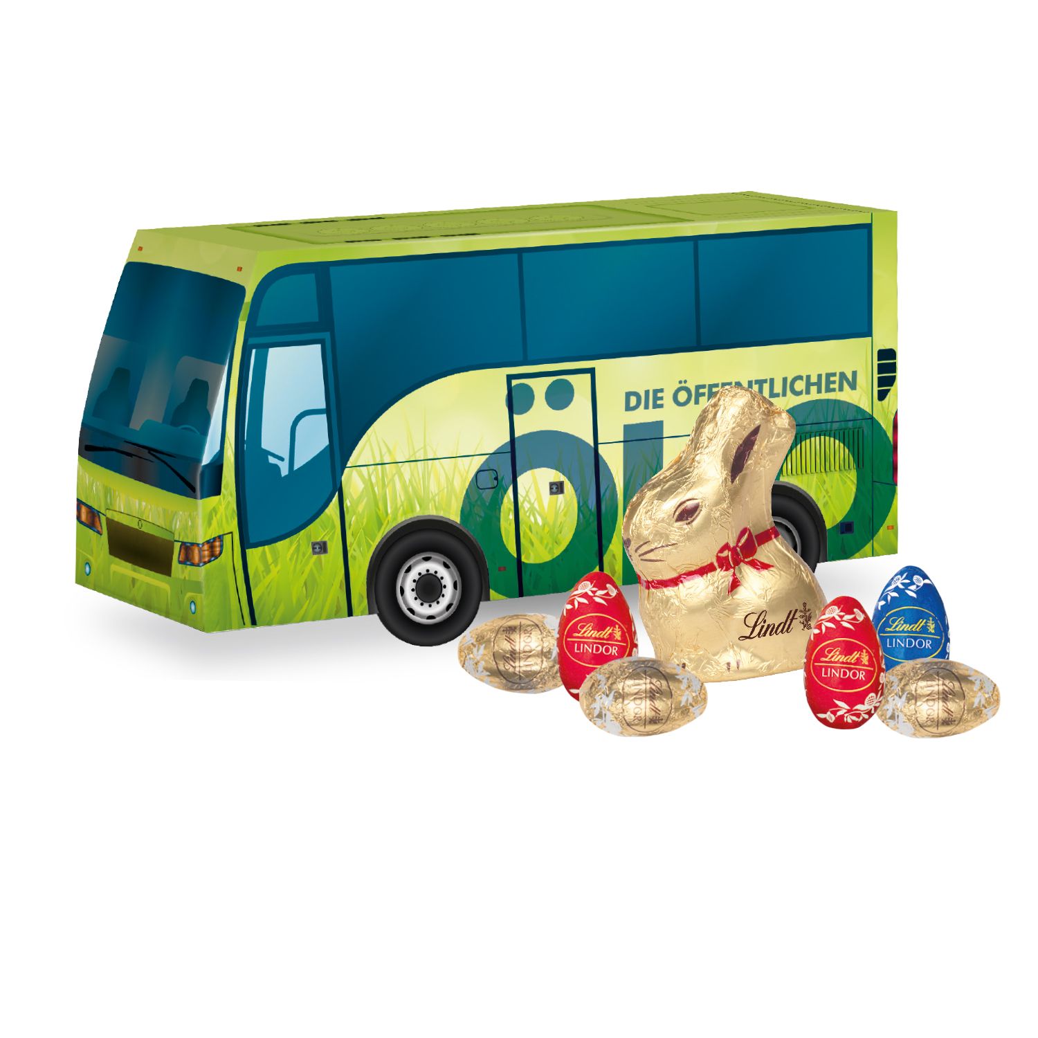 Oster-Bus Lindt Goldhase und Eier, inkl. 4-farbigem Druck