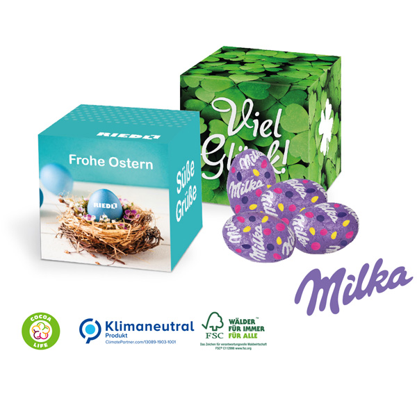Werbewürfel mit Milka Eier, inkl. 4-farbigem Druck