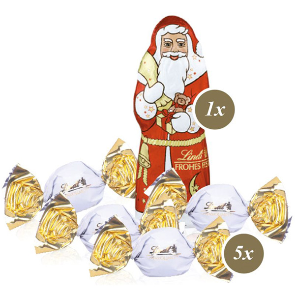Kissenverpackung mit Lindt Weihnachtsmann + Vollmilchkugeln, inkl. 4-farbigem Druck
