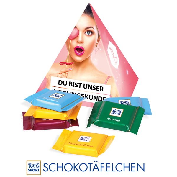 Werbe-Pyramide mit Ritter SPORT Schokoladentäfelchen, inkl. 4-farbigem Druck 