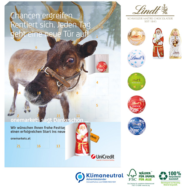 Wand-Adventskalender Organic Gourmet Edition Lindt Minis mit Weihnachtsmann + Engel, inkl. 4-farbigem Druck