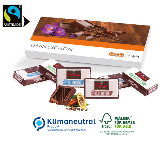 Schokolade in Präsentbox mit Fairtrade-Kakao,  inkl. 4-farbigem Druck