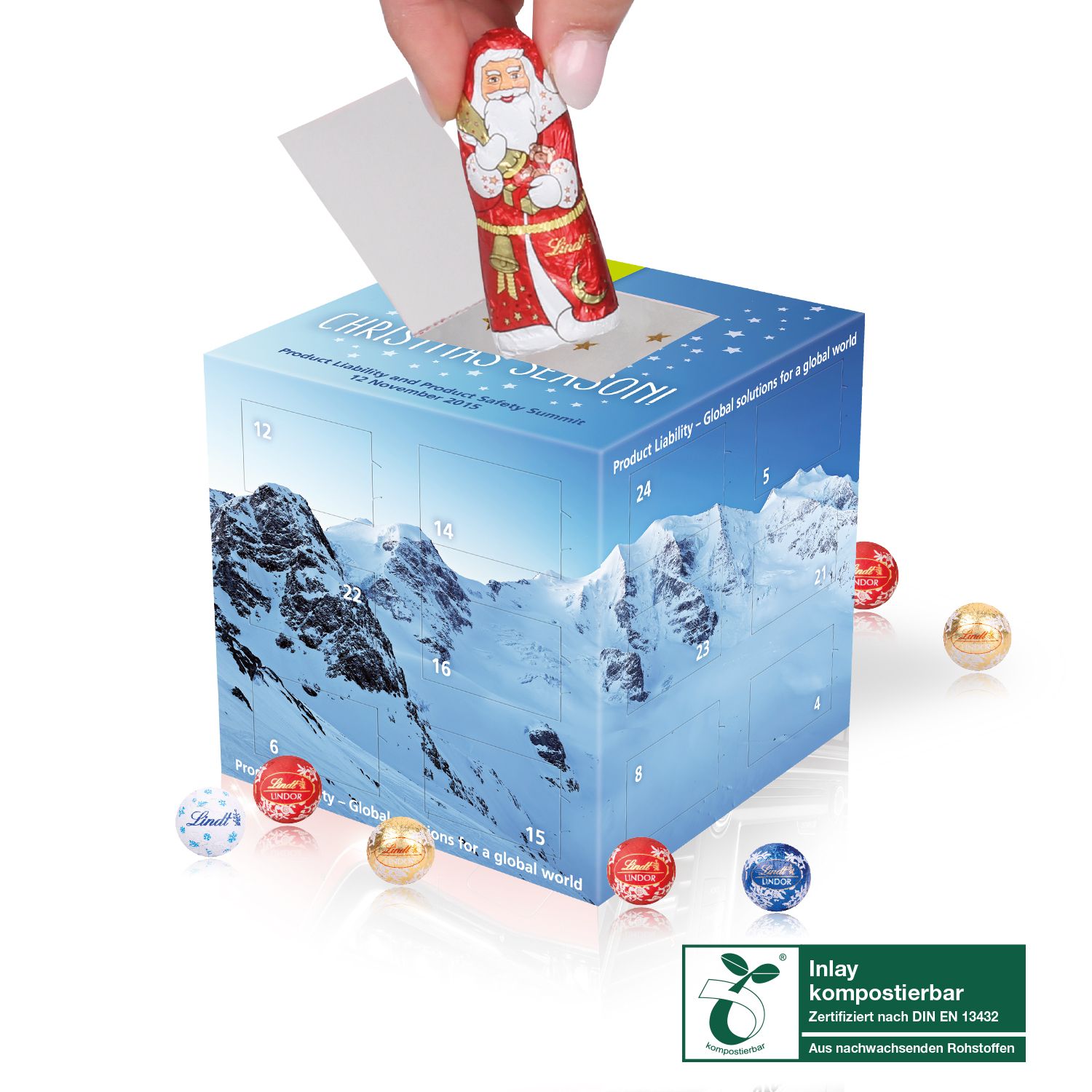 Adventskalender Cube mit Lindt Minis und Weihnachtsmann (Klimaneutral, FSC), inkl. 4-farbigem Druck