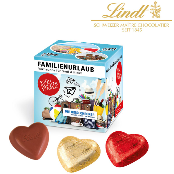 Werbewürfel mit Lindt Schokoladenherzen, inkl. 4-farbigem Druck