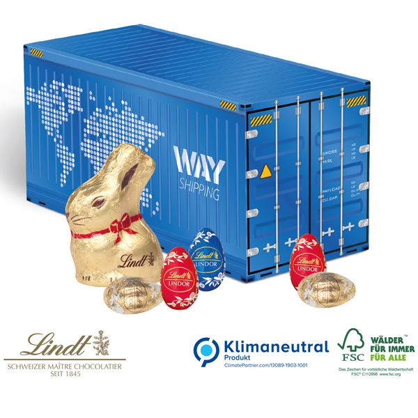 3D Osterpräsent Container mit Lindt Goldhase und Eier, inkl. 4-farbigem Druck