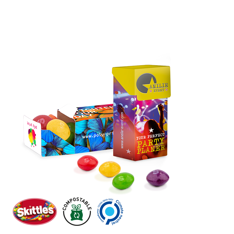 Slim Box Mini mit Skittles Kaubonbons, inkl. 4-farbigem Druck