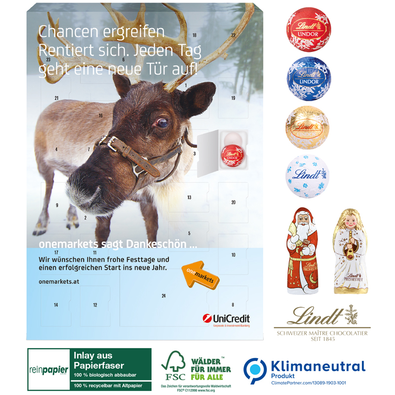 Wand-Adventskalender Organic Gourmet Edition Lindt Minis mit Weihnachtsmann + Engel, inkl. 4-farbigem Druck