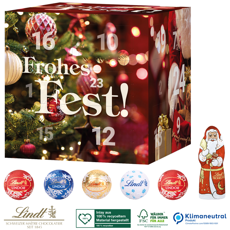 Adventskalender Cube mit Lindt Minis und Weihnachtsmann , inkl. 4-farbigem Druck