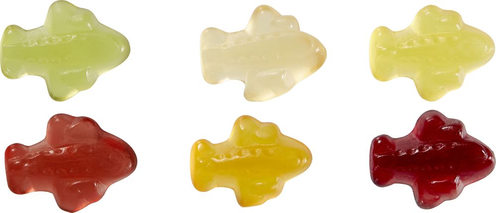 Fruchtgummi-Standardformen 15 g, Flugzeuge im kompstierbare Tütchen, Vegan