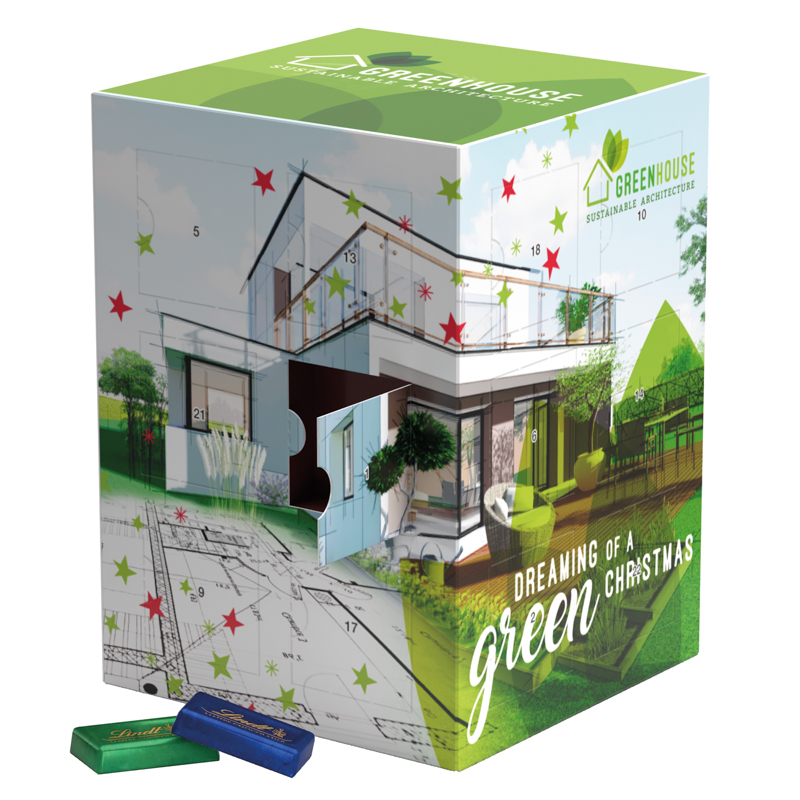 Tower Adventskalender befüllt mit Lindt Schokotäfelchen als Werbeartikel bedruckbar mit Firmenlogo