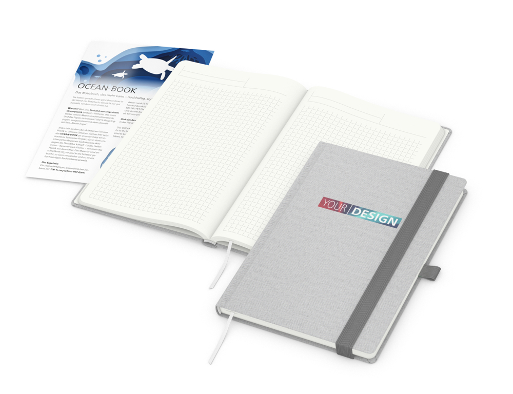Notizbuch Ocean-Book RECYCLING, Winkelkaro, hellgrau, mit Infoblatt