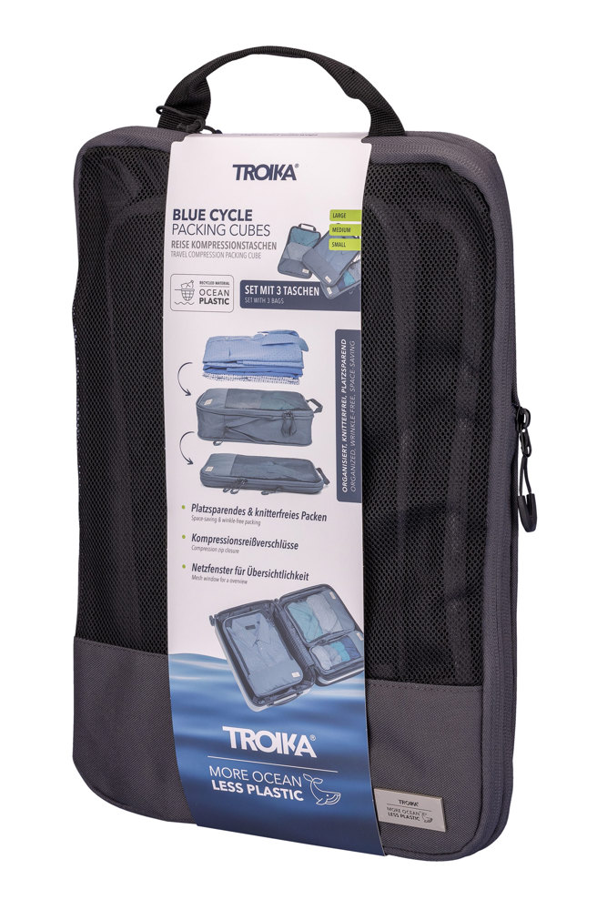TROIKA Reise-Kompressionstaschen Set BLUE CYCLE PACKING CUBES