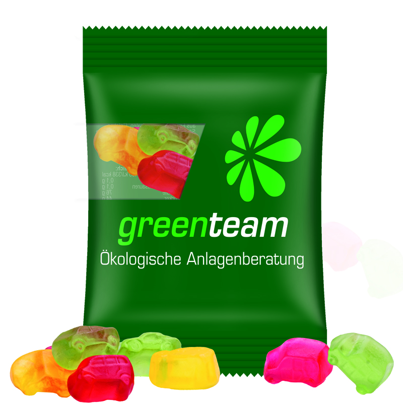 Minitüte 15 g, kompostierbare Folie transparent, Trolli Fruchtgummi Auto-Mischung