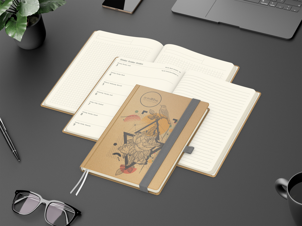 Wochenkalender links + Notizen rechts Match-Hybrid, Naturpapier braun, silbergrau