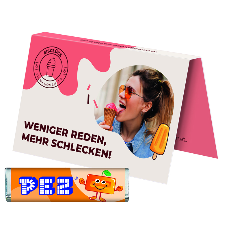 Werbekarte Visitenkartenformat, PEZ Bonbonriegel Orange