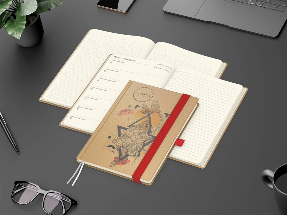 Wochenkalender links + Notizen rechts Match-Hybrid, Naturpapier braun, rot