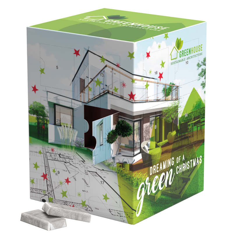 Tower Adventskalender befüllt mit Alpenmilch-Schokotäfelchen in Pergaminpapier als Werbeartikel bedruckbar mit Firmenlogo