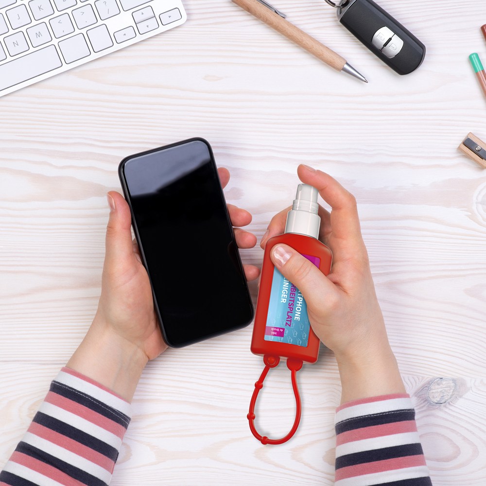 Smartphone & Arbeitsplatz-Reiniger, 50 ml Bumper rot, Body Label (R-PET)