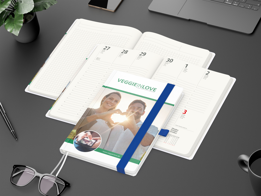 Wochenkalender vorne + Notizen hinten Match-Hybrid RECYCLING, Papier matt, mittelblau