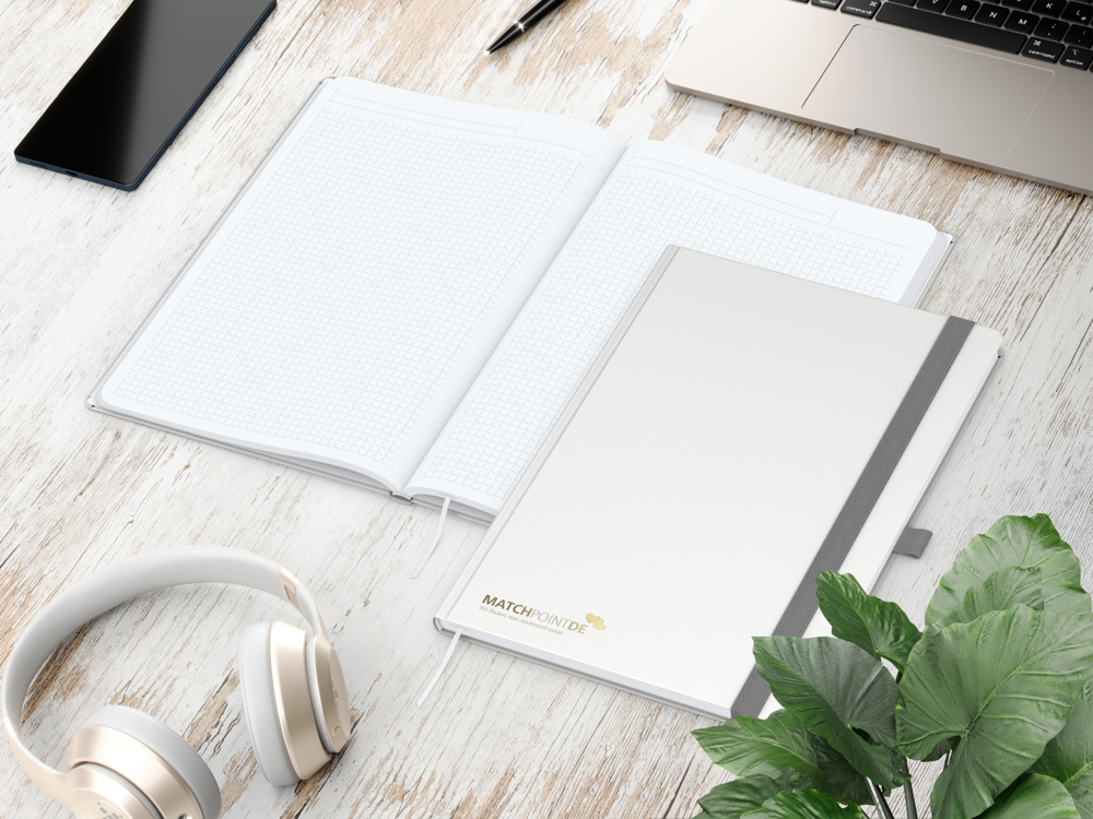 Notizbuch Vision-Book, A4, White, Winkelkaro, weiß, Goldprägung