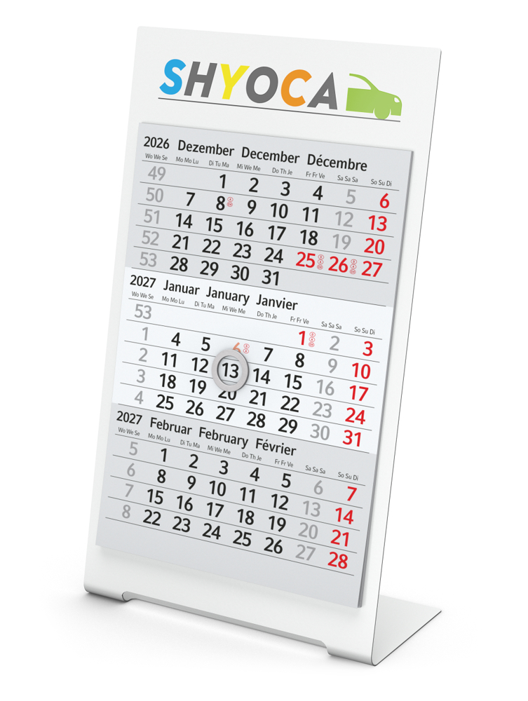 Tischkalender Desktop 3 Color Metallaufsteller farbbeschichtet - weiß