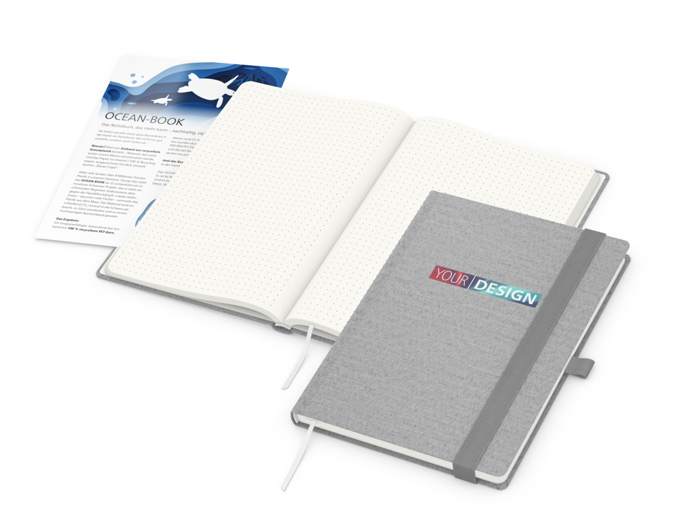 Notizbuch Ocean-Book RECYCLING, Punktraster, grau, mit Infoblatt