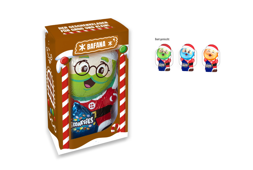 Präsent zu Weihnachten: Smarties Weihnachtsmann als Werbeartikel mit Firmenlogo