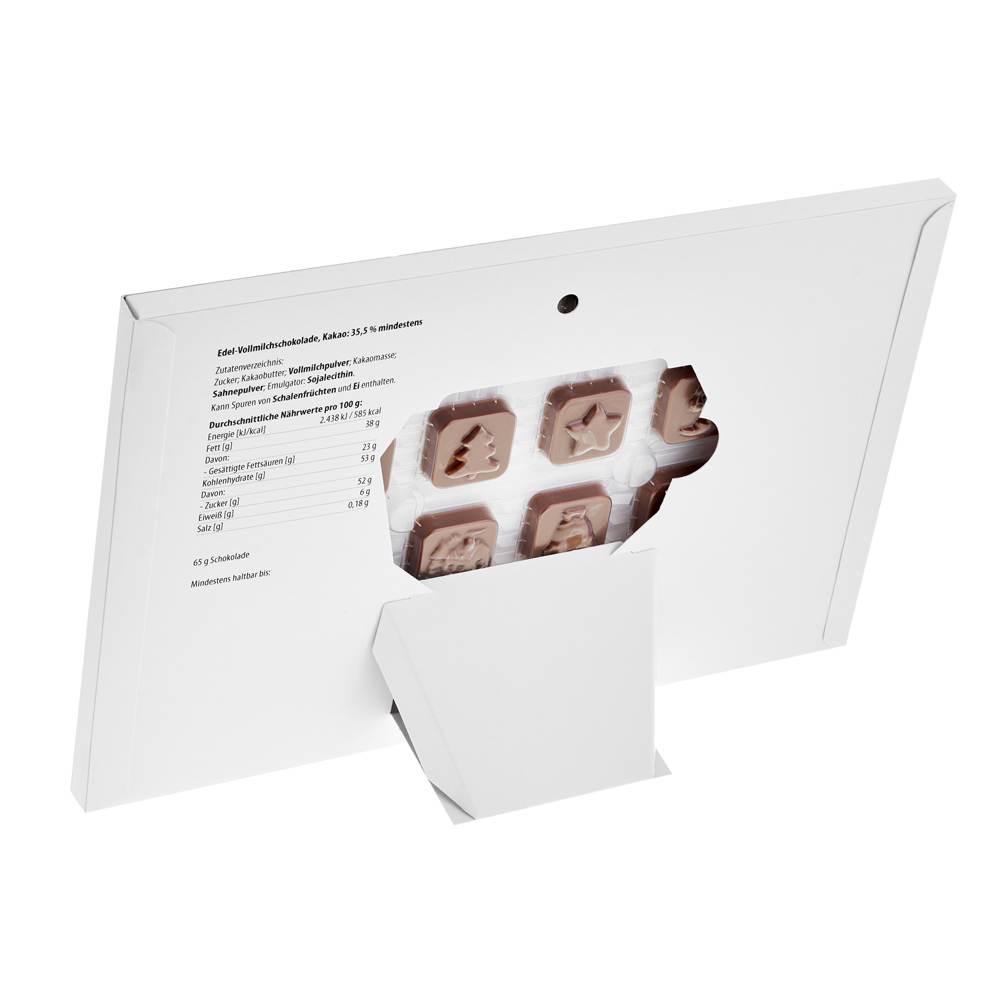Tisch Adventskalender individuell bedruckt 60 g  ,  Inhalt:  Callebaut Vollmilch Schokolade Kalender
