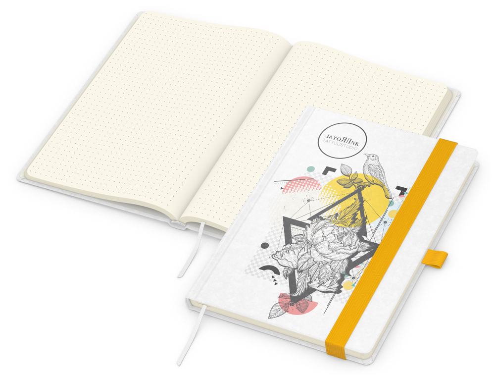 Notizbuch Match-Book, A5, Creme, Punktraster, weiß-individuell, gelb