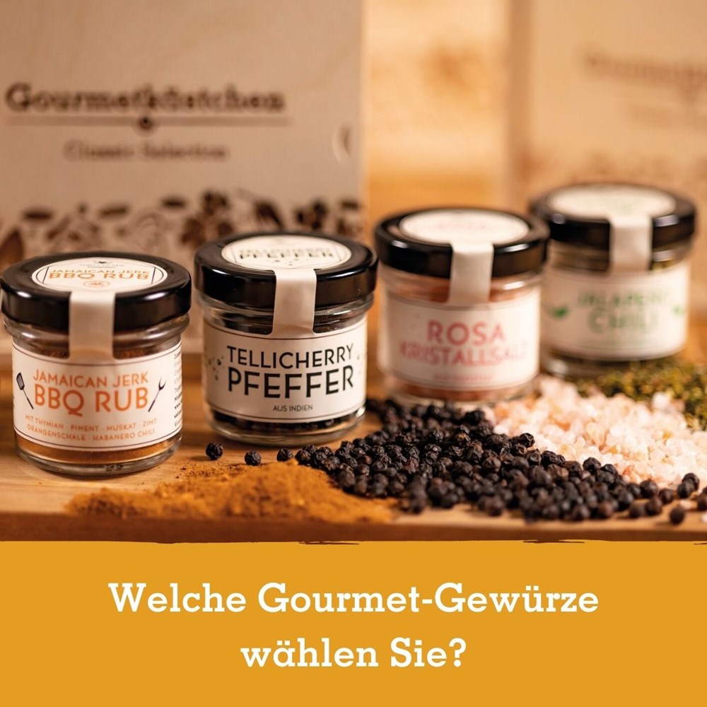 Gourmetkästchen mit 3 Gourmet Gewürzen im Glas