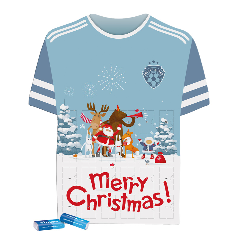 Täfelchen Adventskalender Trikot befüllt mit share Napolitain als Werbeartikel für Firmen mit Logodruck