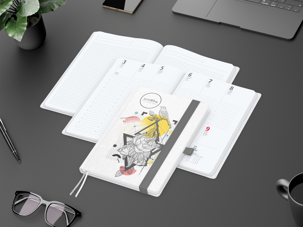 Wochenkalender vorne + Notizen hinten Match-Hybrid, A5, Naturpapier weiß, silbergrau